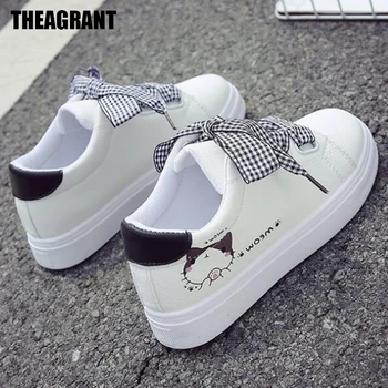 

THEAGRANT Cute Cat Spring Shoes Woman Comfortable Platform Sneakers Women Fashion Ladies Flats Shoes White WSN2025