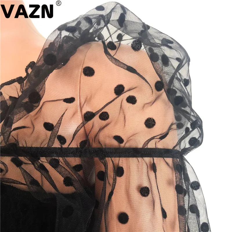VAZN шикарный дизайн Весенняя Сексуальная женская черная gauzy футболка с пышными точками Гренадин длинный рукав с вырезом лодочкой футболка с высокой пружиной Топы