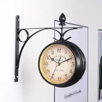 

Double-sided Hanging Clock Wrought Iron Station Clock Garden Retro Bracket Mounted Outdoor Indoor Wall Clock Home Garden LXY9