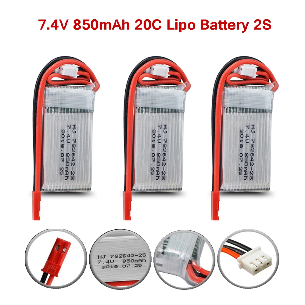 3Pcs 7.4 V 850Mah 20C Batteria Al Litio Max 30C Jst / Sm / Xt30 / T Spina Per Rc Drone Elicottero Pezzo Di Ricambio Per Batteria Drone 7.4 V
