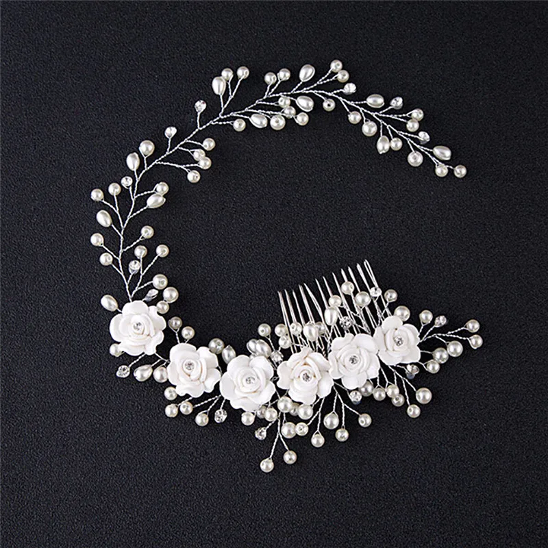 Wedding Hair Jewelry For Bridal Pure White Flowers Pearl Hair Comb Lengthen Headdress Hand Made Women Hair Accessories