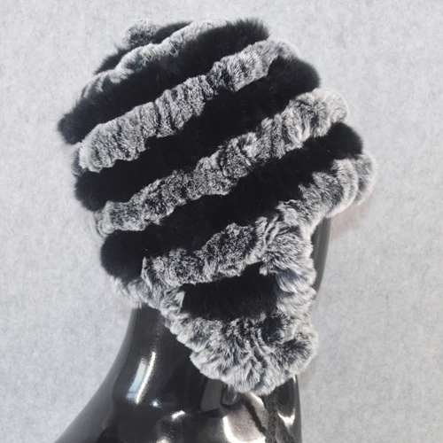 gray and black Уличные эластичные вязаные шапки из меха кролика Рекс, зимние женские шапки, настоящий мех кролика, шапка, Настоящая Натуральная шапка из меха кролика рекс - Цвет: gray and black