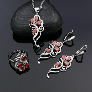 

925 Silver Bridal Jewelry Set for Women Red Cubic Zirconia Crystal Earrings/Ring/Pendant/Necklace Set Wedding Accessories