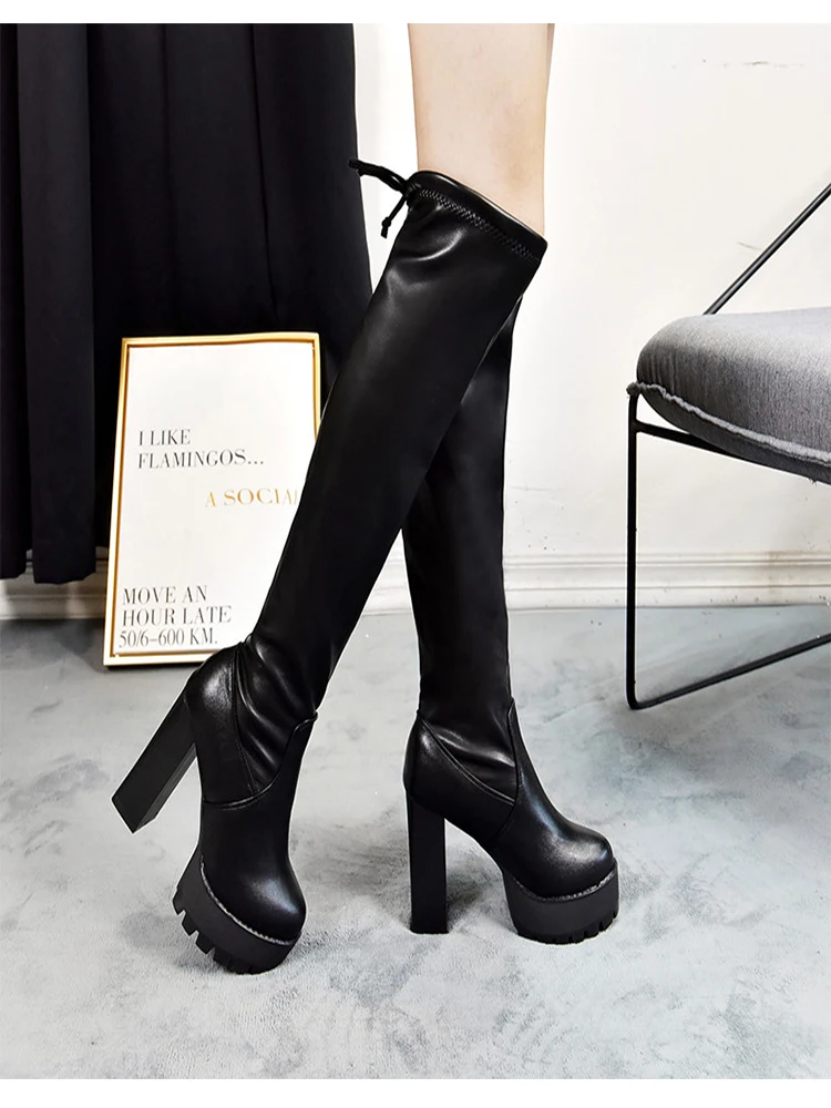 Leather Women Long Tube Boots Over the Knee Boots Platform Sexy Female Autumn Winter Thigh High Boots Block Heels Botas Mujer