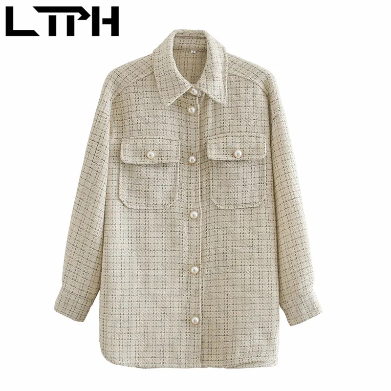 

LTPH Chic vintage pearl button Plaid woman jacket coat long sleeve Single Breasted Thicken Warm Outerwear 2020 Autumn Winter New