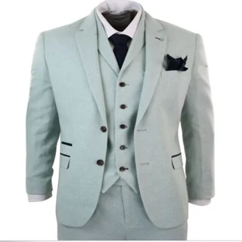 

2020 Turquoise Green Mens Suits 3 Piece Long Sleeve Tweed Suit Tailored Fit Vintage Herringbone Wool Costume Homme
