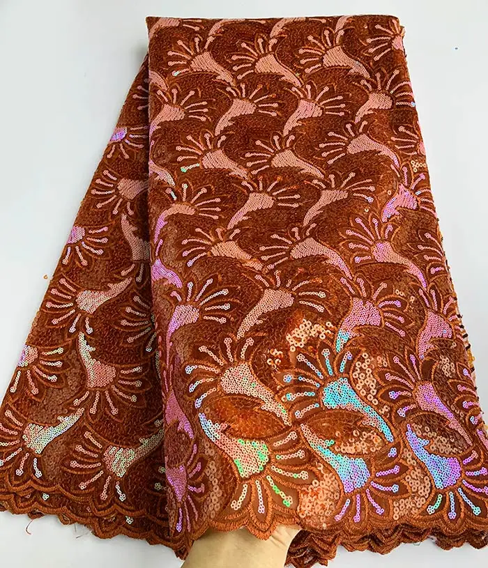 Burnt Orange Все блестки очень мягкие красивые африканские французские кружева тюль ткань высокого качества 5 ярдов разумный выбор - Цвет: Burnt Orange