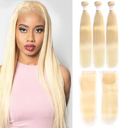 Ombre Platinum Blonde Straight Hair Bundles With Closure 4x4 613 Brazilian Remy Human Hair Bundles With Lace Closure EUPHORIA