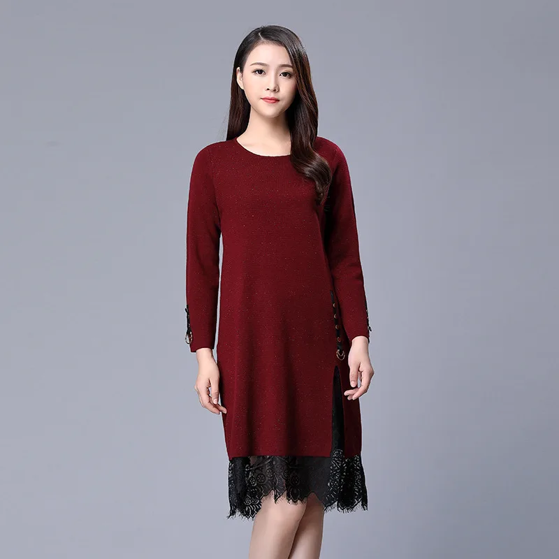 New Brand Sex Hollow Out Lace Pacthwork Wool Sweater Women Split Side Lady Black Red Dress Sweaters Hot Sale LX1953 | Женская одежда