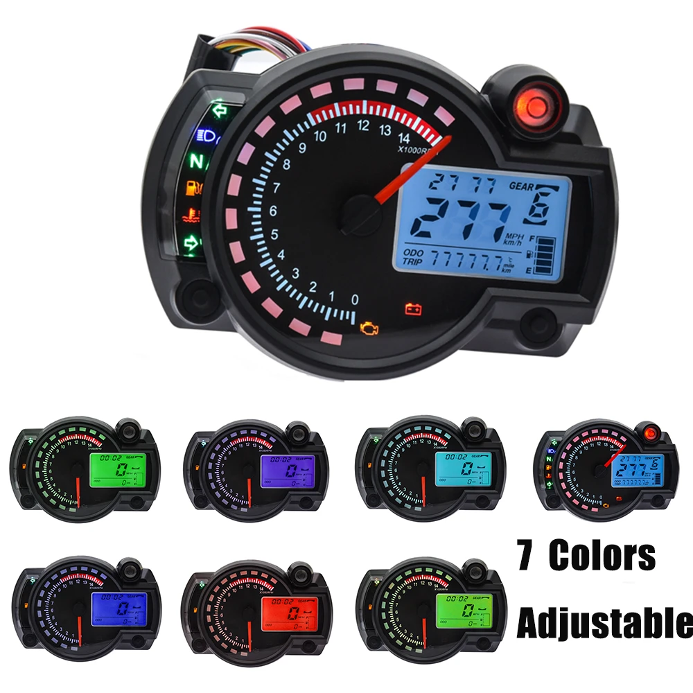 7 Colors LCD Digital Odometer Speedometer Tachometer Fuel Gauge Cafe