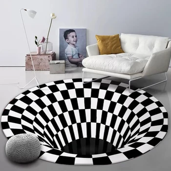 

Kitchen Checkered Bedroom Floor Cushion Optical Illusions Mats Living Room Round Area Rug Polyester Water Absorption Hotel