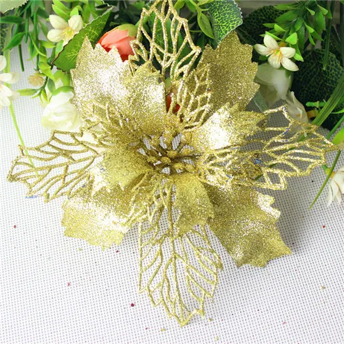 16CM golden 15 шт. 11 см/16 см/27 см Рождественский цветок высокого качества рождественские цветы декоративный искусственный цветок золотые серебряные елки украшения - Цвет: 16CM golden