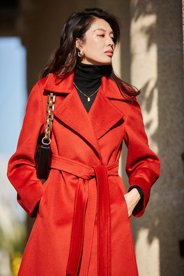 Черное длинное пальто из шерсти, Женское зимнее пальто верблюжьего цвета, женское красное пальто с поясом, роскошное теплое Женское шерстяное пальто sobretudo