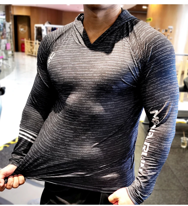 Autumn winter Gym Men T Shirt Casual Long Sleeve Slim Tops Tees elastic  tight T-shirt Sports Fitness comfort Quick dry Hooded