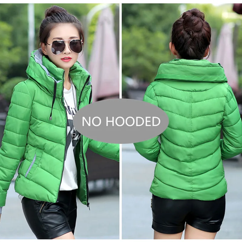 Green--No Hooded Осенне-зимняя женская куртка, большие размеры, женские парки, плотная верхняя одежда, одноцветные пальто с капюшоном, короткие женские тонкие базовые Топы с хлопковой подкладкой - Цвет: Green--No Hooded
