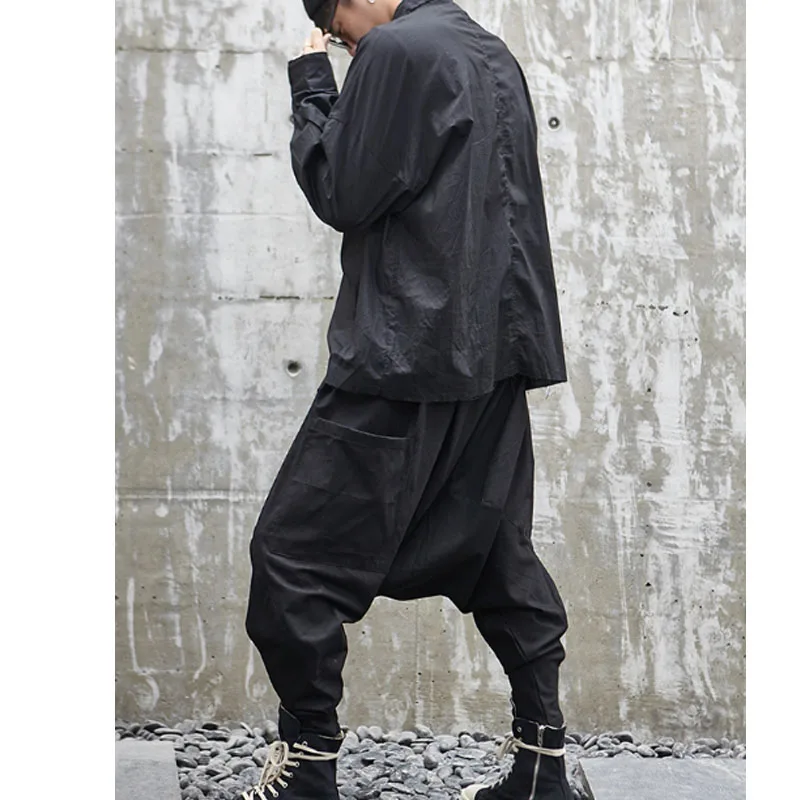 Homens estilo jap&atilde;o solto casual para baixo virilha harem cal&ccedil;as masculino streetwear hip hop cal&ccedil;as g&oacute;ticas masculino joggers s