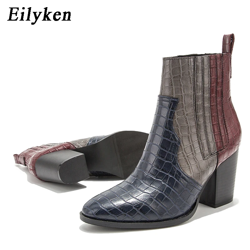 Blue Eilyken/женские ботильоны черного цвета обувь из искусственной кожи на высоком каблуке женские осенние ботинки с круглым носком на квадратном каблуке и платформе размеры 36-43 - Цвет: Blue
