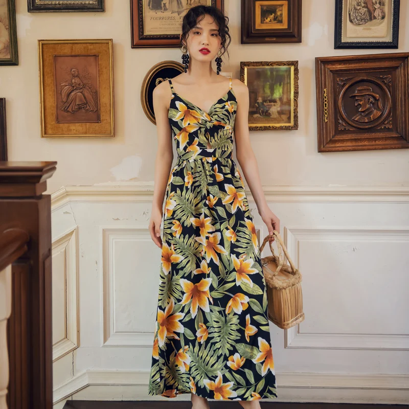 Maxi Floral Print Boho Women Straps Dress Summer Elegant Tropical