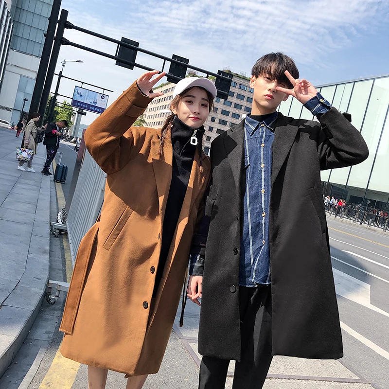 Autumn New Korean Version Of The Couple Long Section Long-sleeved Solid Color Lapel To Send Belt Men's Casual Woolen Coat