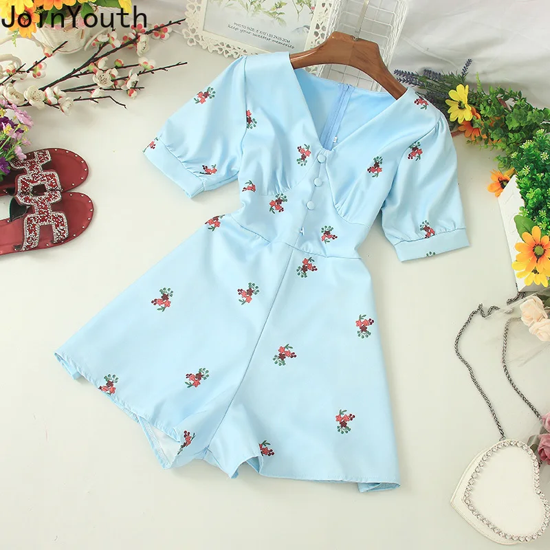 Joinoyuth V-neck Button Floral Printed Playsuits Short Sleeve Women Rompers 2020 Summer High Waist Slim Wide Leg Bodysuits 57856 | Женская