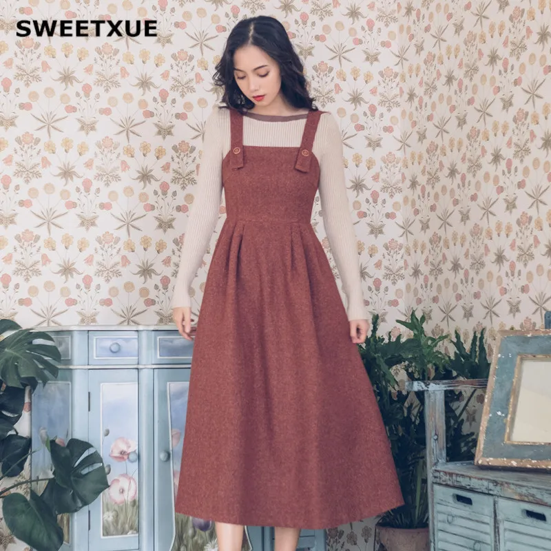 SWEETXUE винтажная осенне-зимняя Длинная тонкая юбка на бретельках, комплект Женский вязаный свитер элегантная шерстяная юбка с высокой талией костюм из двух предметов