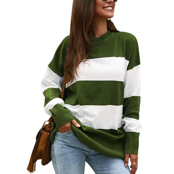 

Women Pullover Sweaters Color Block Stripes Crewneck Round Neck Long Sleeve Knitted Tops Casual Jumper Loose Female Autumn
