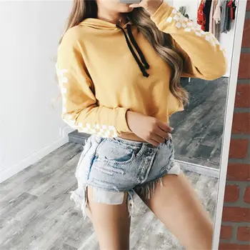 

Women Hoodie Sweatshirt Jumper Crop Top Pullover Tops Girls Short Hoody Sweatshirts Fashion Solid Top