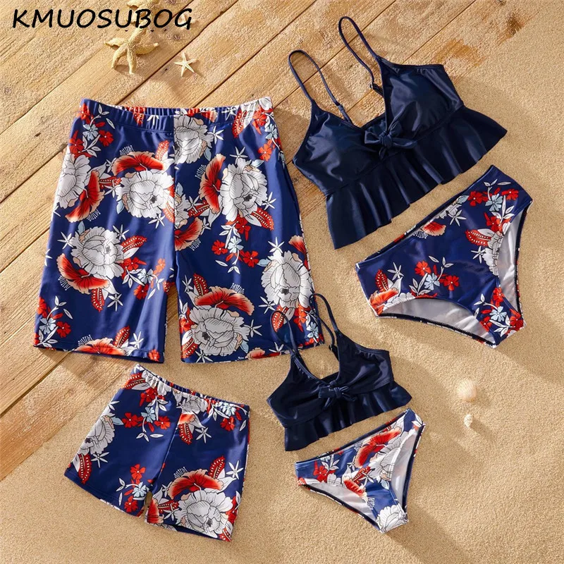 

Family Matching Swimsuits Tankini Floral Print Swimwear For Mother Daughter Dad Son Beach Shorts Mommy and me swimsuits V-neck