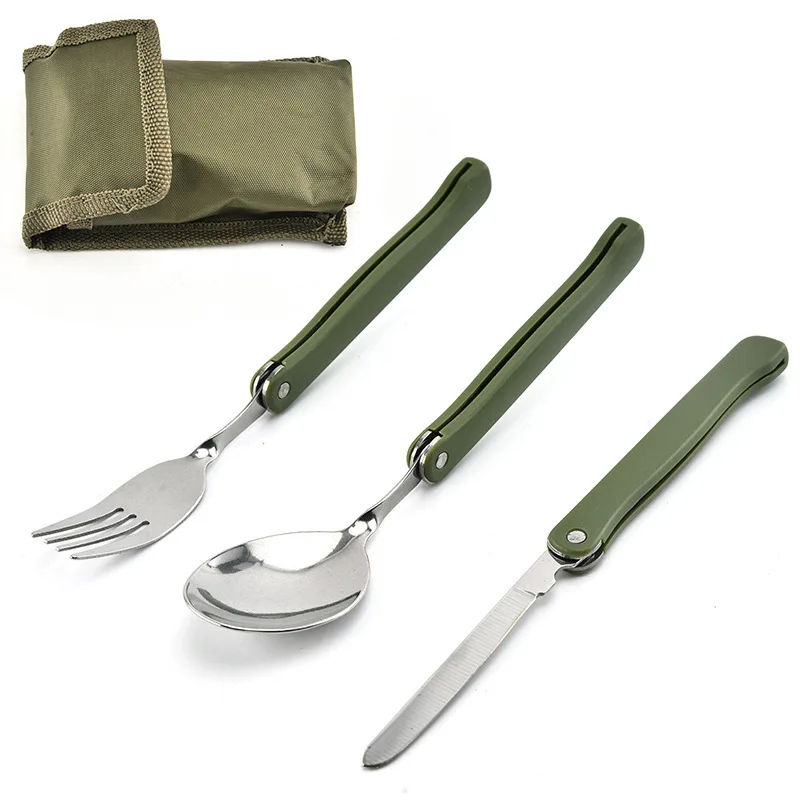 3PCS Portable Cutlery Set Outdoor Camping Picnic Stainless Steel Spoon Fork Knife Folding Tableware Set