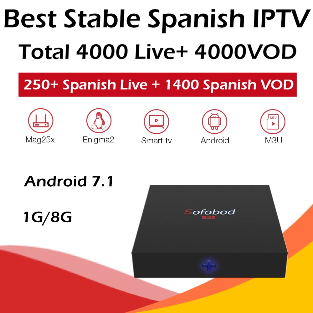 

Sofobod Android TV Box+1 Year Arabic French Spain IPTV 4000Live+4000 VOD 1G/8G Wifi 4K HD Smart IPTV Box Europe Portugal IPTV
