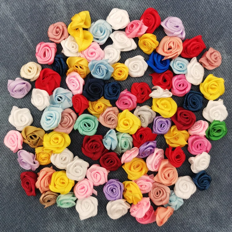 (100pcs/pack) 15mm Mix Color Small Rose Flower Mini Handmade DIY Satin Ribbon Rose Head Wedding Scrapbooking Decoration Flower