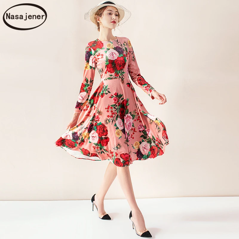 

Women's Autumn New Fashion Elegant Retro Peony Print Collect Waist Temperament Elegant Slim Large Swing Back Zipper