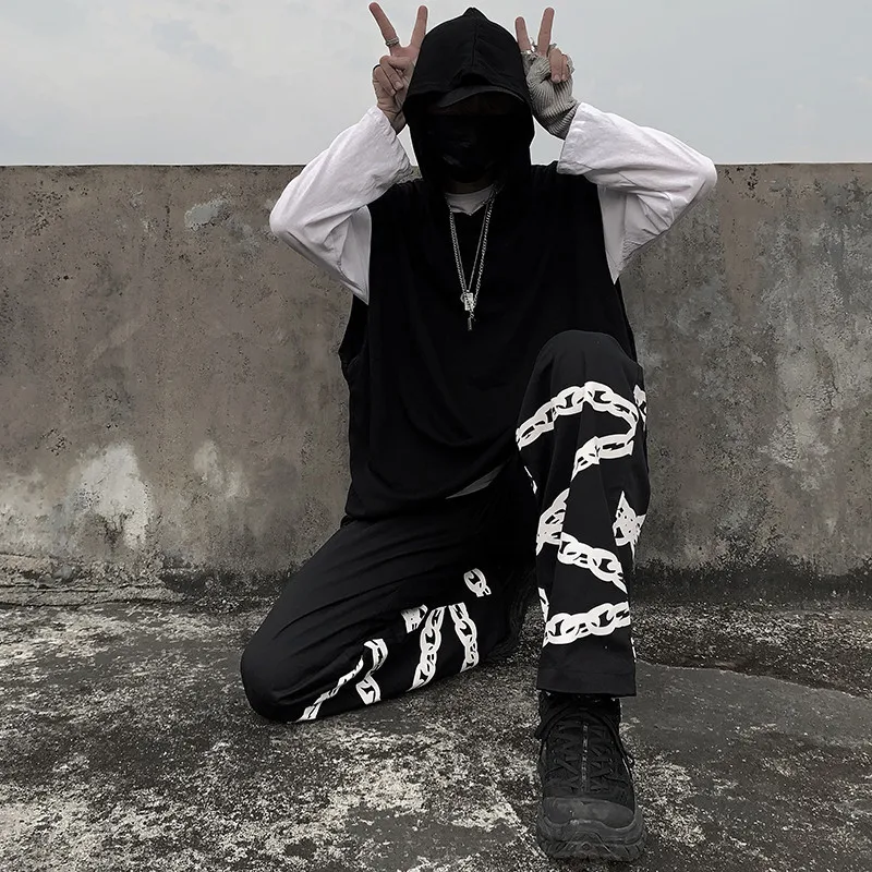 

Focal20 Streetwear Chain Print Women Pants Bottom Elastic Waist Loose Female Trousers Casual Straight Leg Lady Bottoms Pants