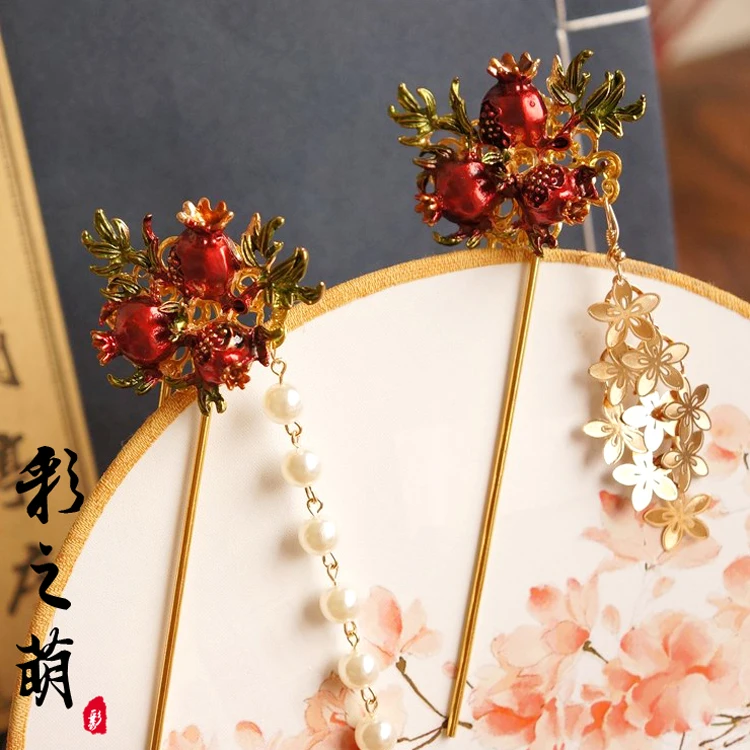 Классические длинные шпильки Hanfu в древнем стиле с красным гранатом и цветком