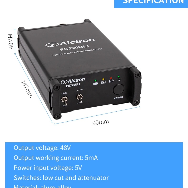 Alctron PS220ULI 3,7 V литиевый аккумулятор 48V фантомный источник питания используется в студии, сценической производительности. 3,7 в/адаптер два источника питания