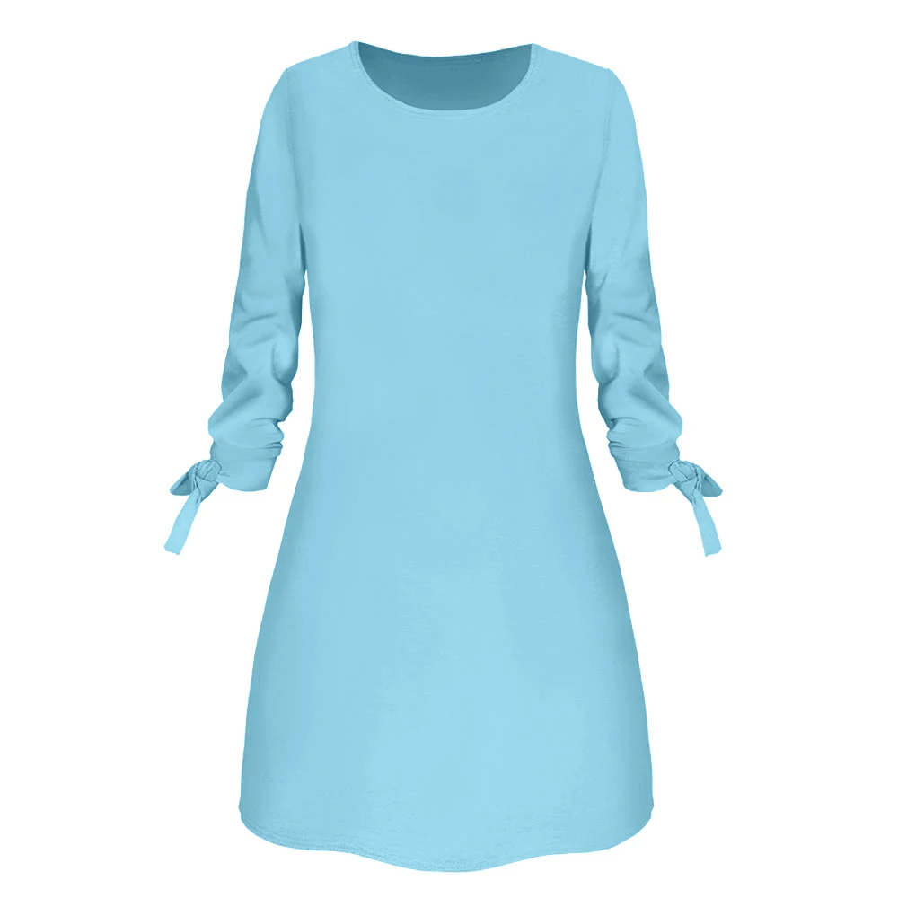 Весенняя Новинка, модное однотонное платье, повседневное Свободное платье с круглым вырезом, 3/4 рукав, элегантное платье с бантом - Цвет: Light blue