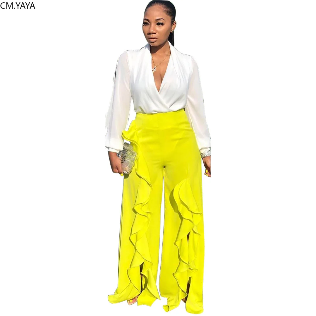 

2019 autumn winter women high waist ruffles splicing wide leg pants vintage party club night classic trousers leggings GL5095