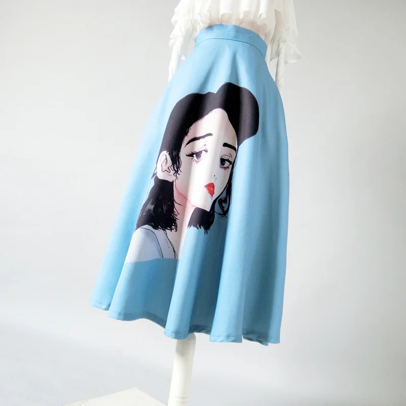 

Spring Fall Winter Women Cute Printing Cartoon Blue Color A-line Middle Long Skirt Free Shipping XHSD-3395