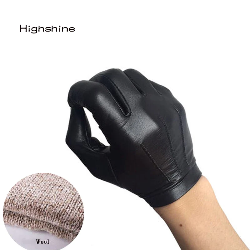 Highshine, без подкладки, на запястье, на кнопке, цельный кусок овечьей кожи, сенсорный экран, Зимние перчатки для мужчин, черные и коричневые - Цвет: black knit lining