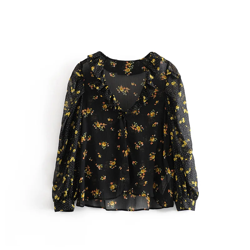 black blouse Star firefly модная женская рубашка,, осенняя, дикая, повседневная, с оборками, v-образный вырез, с пышными рукавами, с принтом, прошитая, шифоновая рубашка для женщин - Цвет: black blouse