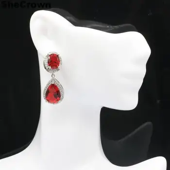 

34x14mm SheCrown Pretty Red Blood Ruby White CZ Woman's Gift For Sister Silver Earrings