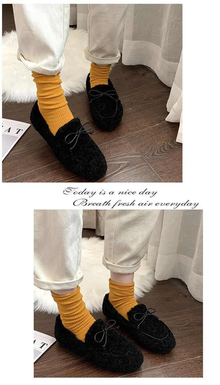 Plush Loafers Ballets Flats Shoes Woman Winter Flock Solid Moccasins Slip-Ons Peas Plush Egg Roll Flats Footwear