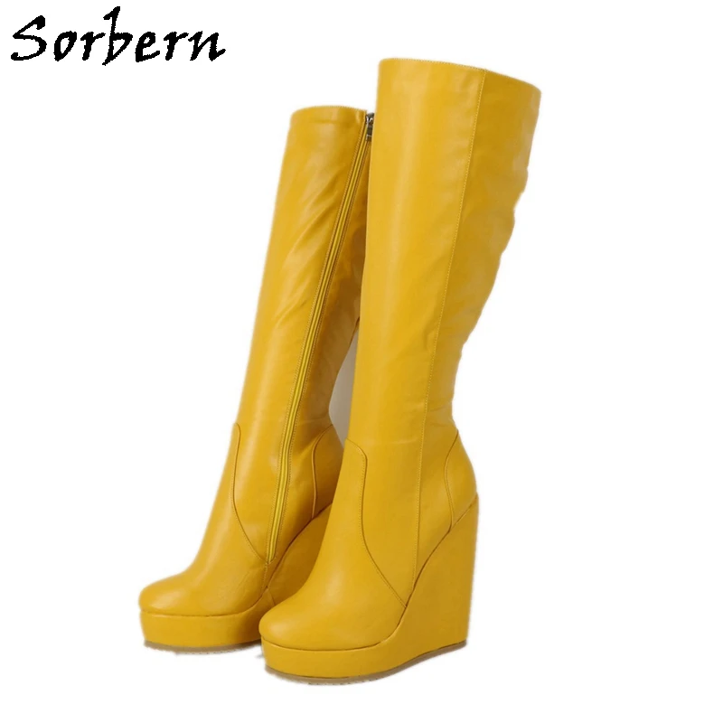 

Sorbern Yellow Low Wedge Heel Boots Knee High Platform Comfortable Winter Boots Unisex Styles Wide Fit Or Slim Fit Calf Custom