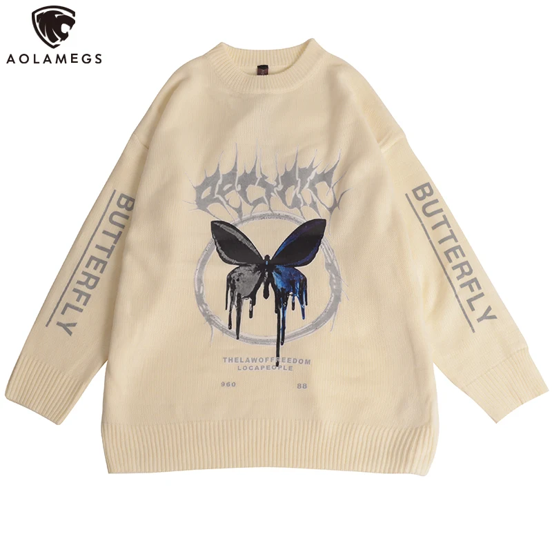 

Aolamegs Winter Men Sweaters Casual Knittwear Gothic Sweaters Butterfly Graffiti Print Knitted Pullover Fashion Loose Streetwear