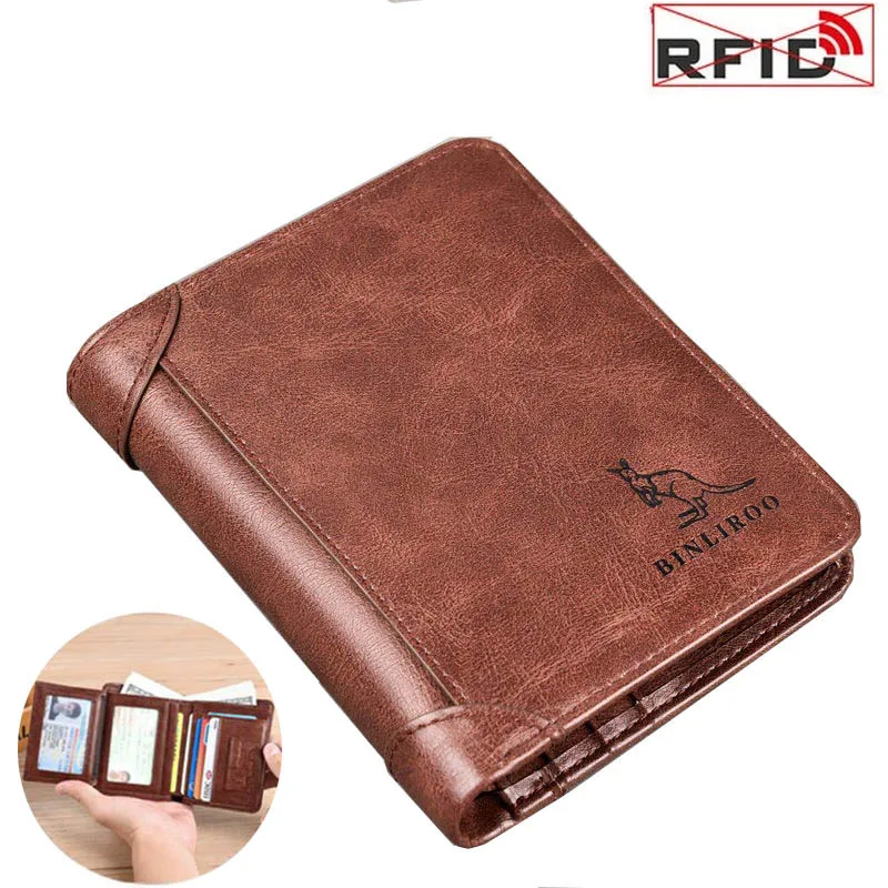 Cartera antirrobo RFID para hombre, tarjetero pequeño de cuero genuino, 3 pliegues, 2021