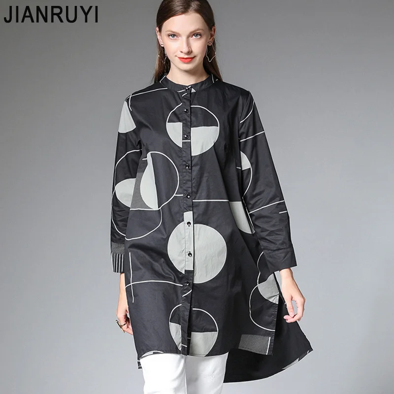 

2019 autumn new large size women's fat mm was thin fashion long section cotton printed long-sleeved shirt female 7515