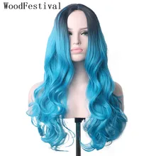 WoodFestival длинные волнистые ombre черный синий косплей парик термостойкие синтетические парики для женщин