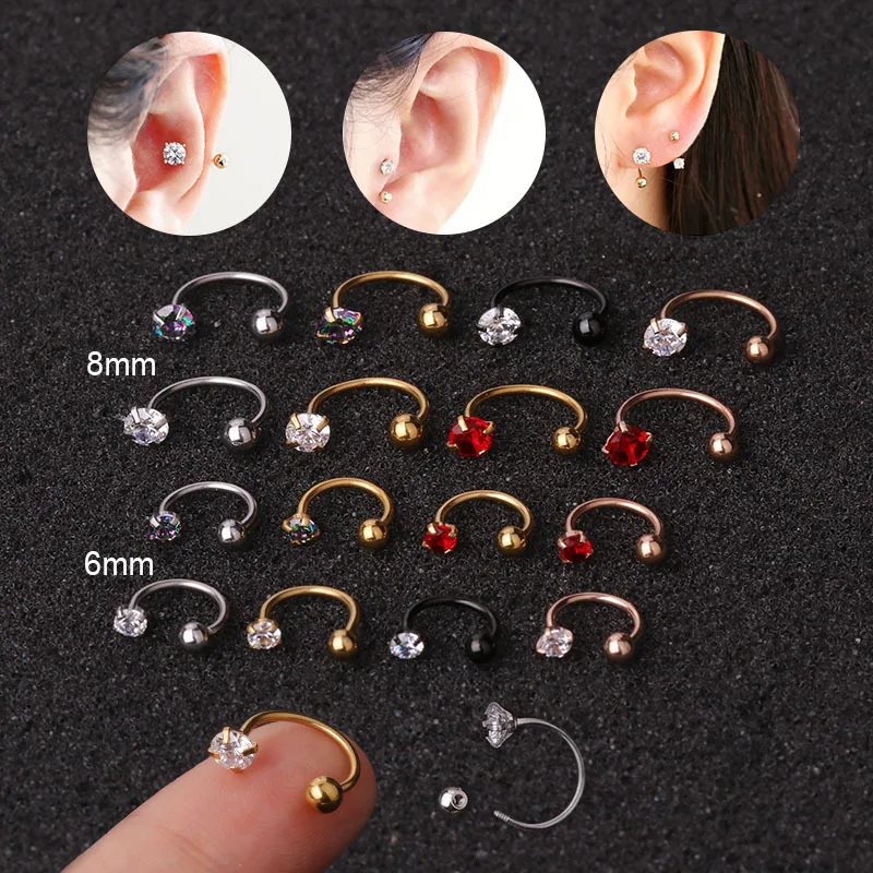 1pc 6mm/8mm Stainless Steel Cz Hoop Tragus Cartilage Helix Earring