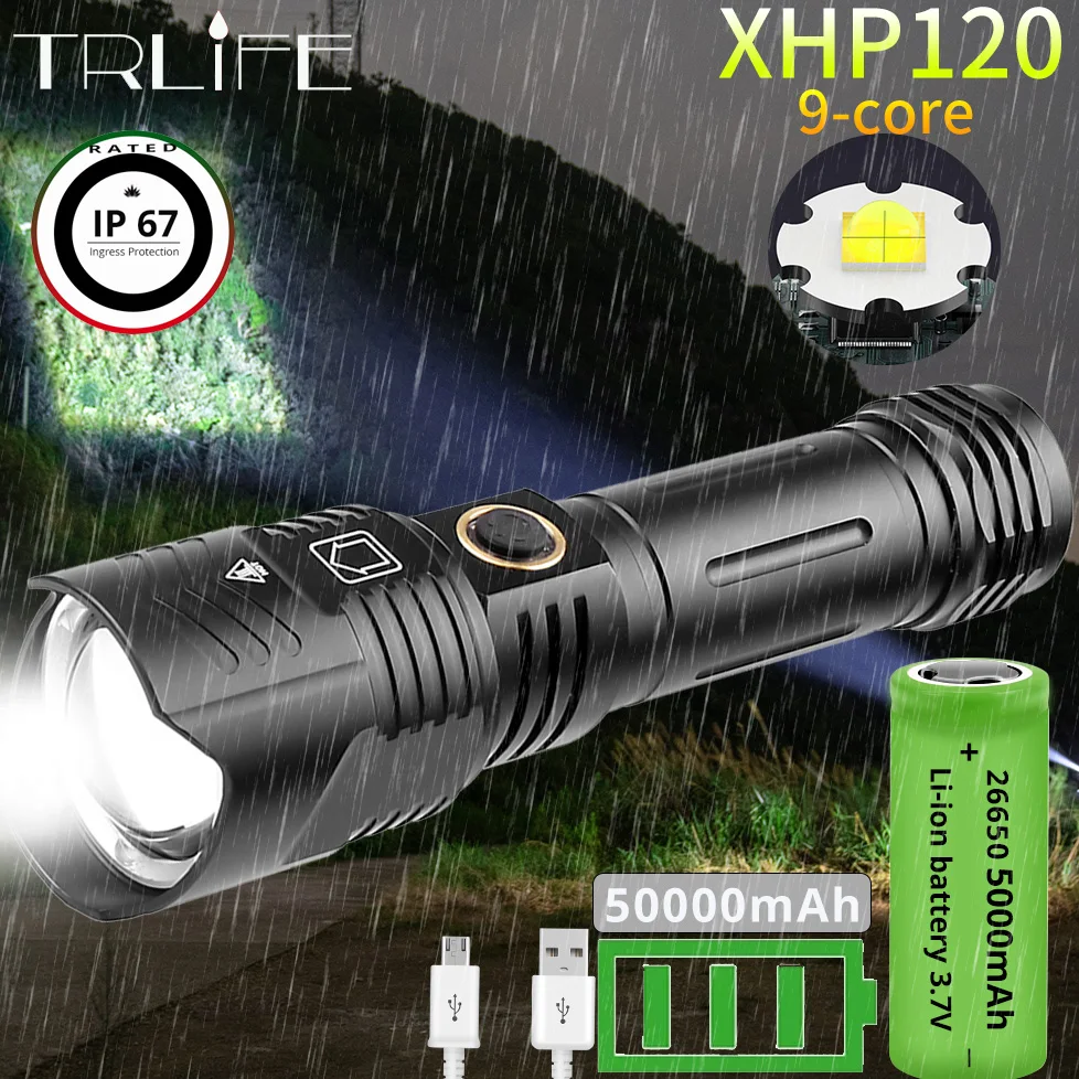 2021 mais novo 5000mah xhp120 9-core led lanterna zoom usb recarregável mais poderoso xhp99 xhp90 tocha 18650 26650 luz de mão