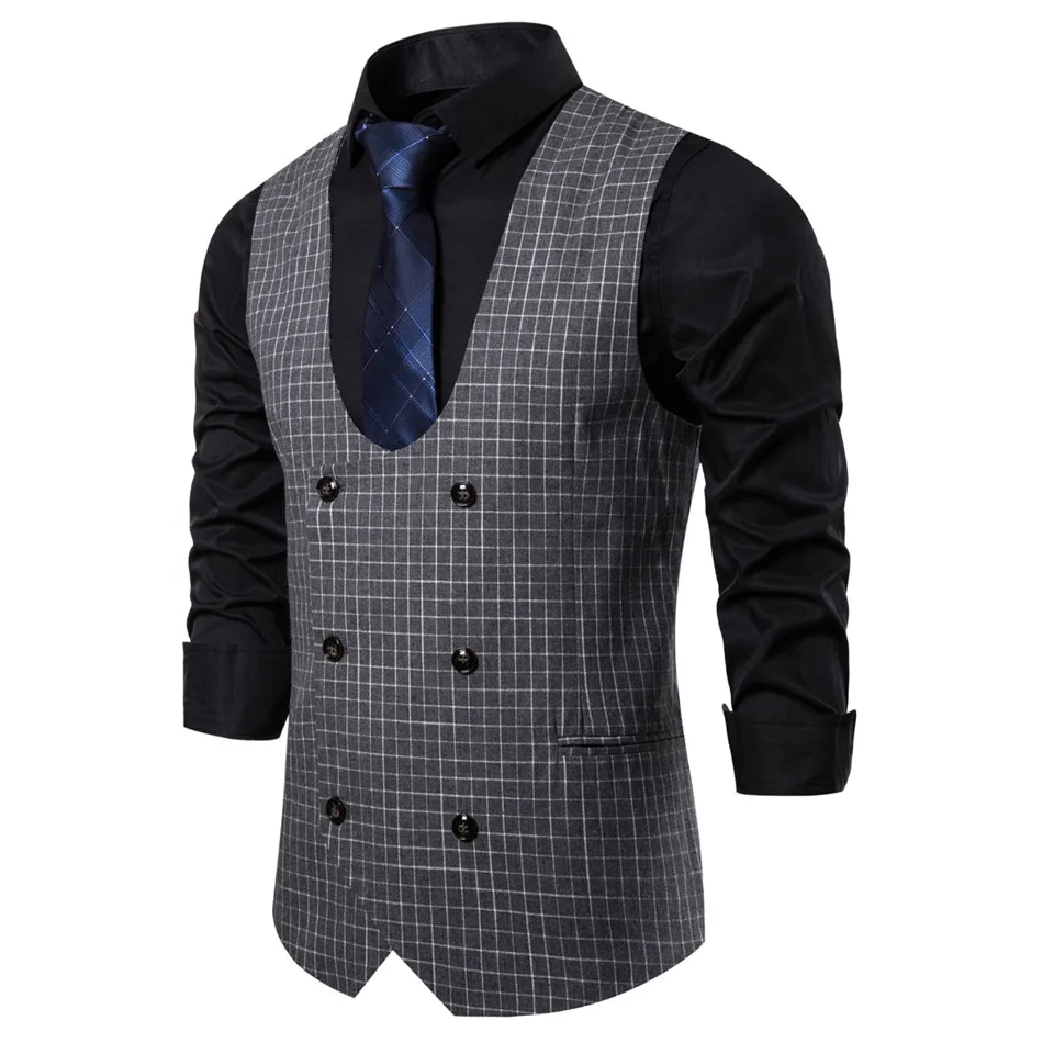 Brand Suit Vest Men Fashion Plaid Business Causal Vest Waistcoat Men Slim Double Breasted Sleeveless Vests Chaleco Hombre